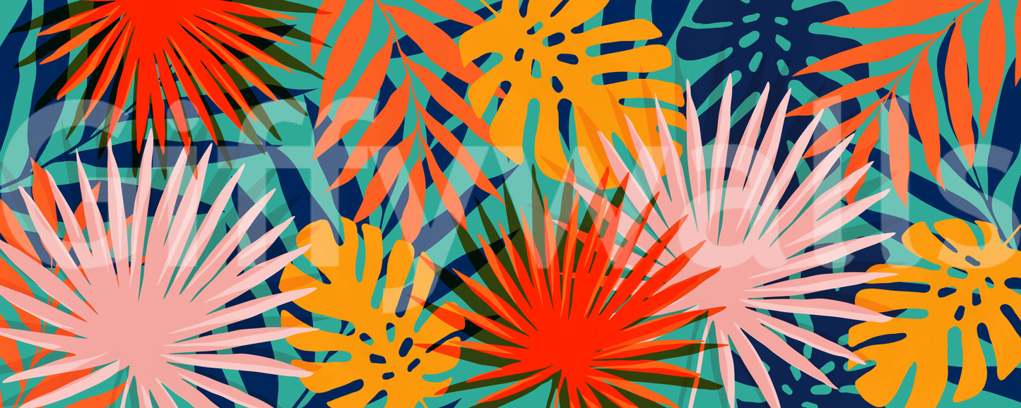 Illustrated palm frond wall mural with a dark navy background layer.