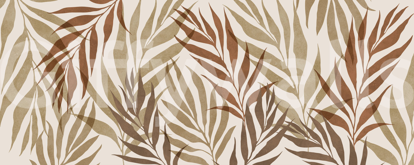 Earthy Botanical Layers Wall Mural showing rust, olive and cream watercolour palm frond palette., GD10320