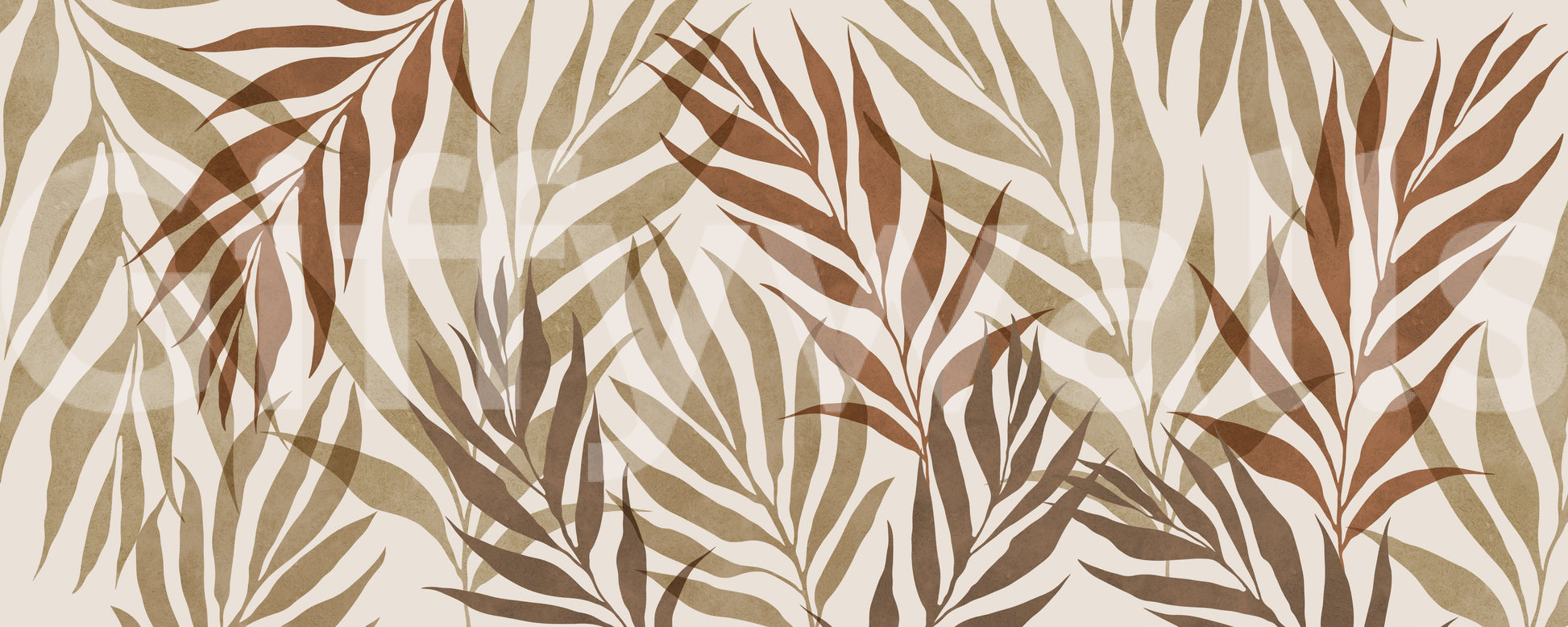 Earthy Botanical Layers Wall Mural showing rust, olive and cream watercolour palm frond palette., GD10320