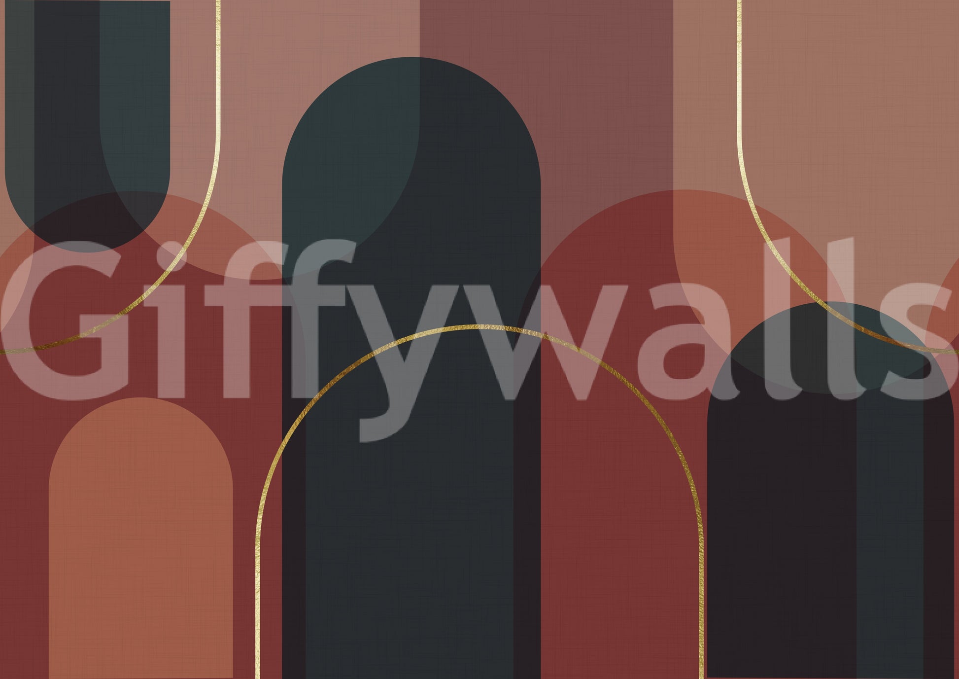 Geometric pattern wall mural in deep teal wine red and dusty rose colours., GD10334