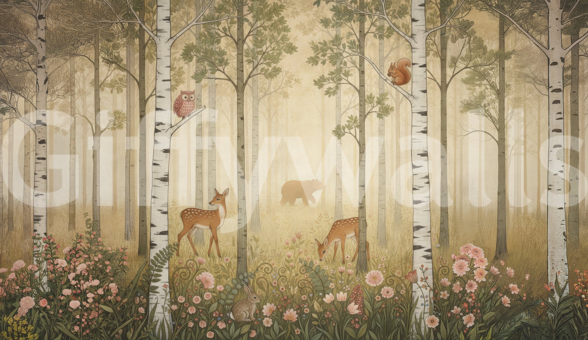 Woodland wall mural showing birch trunks wildflowers and golden tones