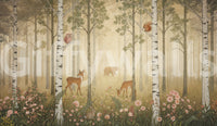 Woodland wall mural showing birch trunks wildflowers and golden tones