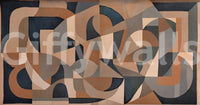 Silent Arch wall mural with overlapping geometric shapes in navy and terracotta., GD10375