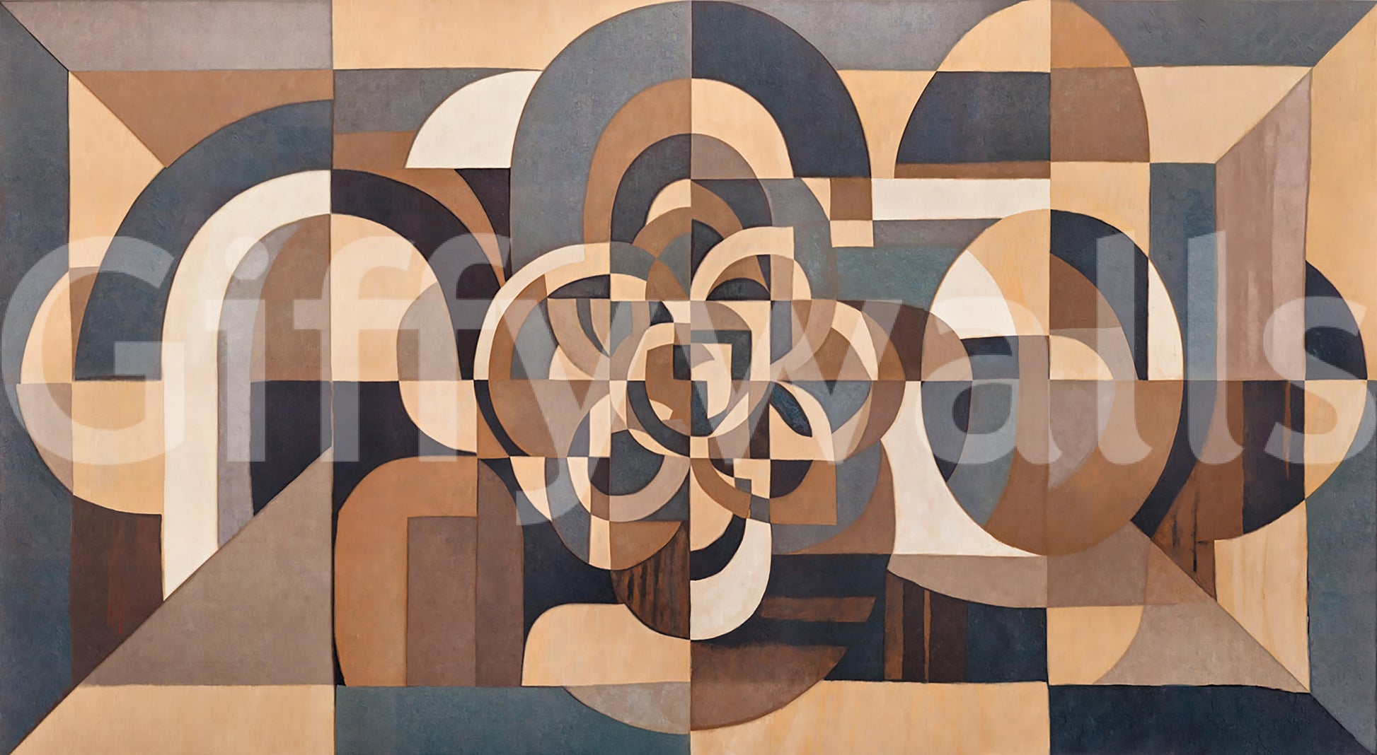 Symmetrical geometric wall mural with interlocking circles and arches detail., GD10377