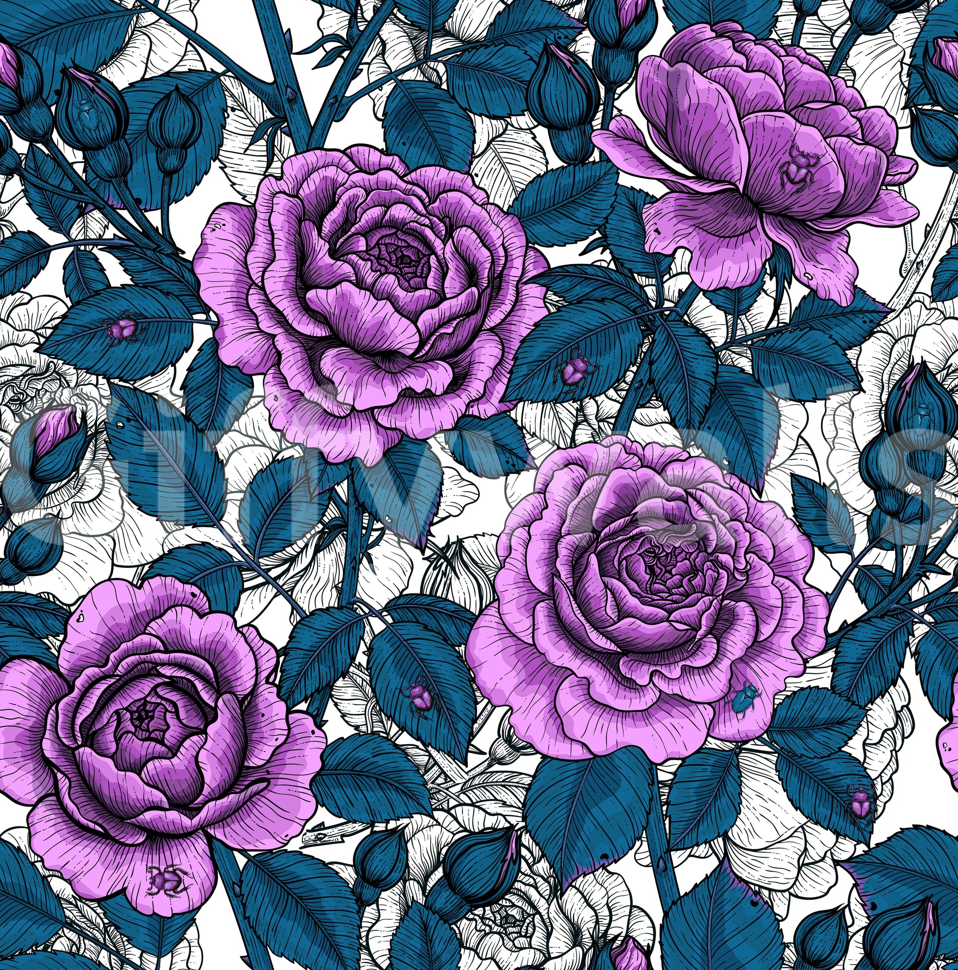 Garden Wallpaper with Illustrated purple roses and deep teal foliage repeat pattern., GD10397