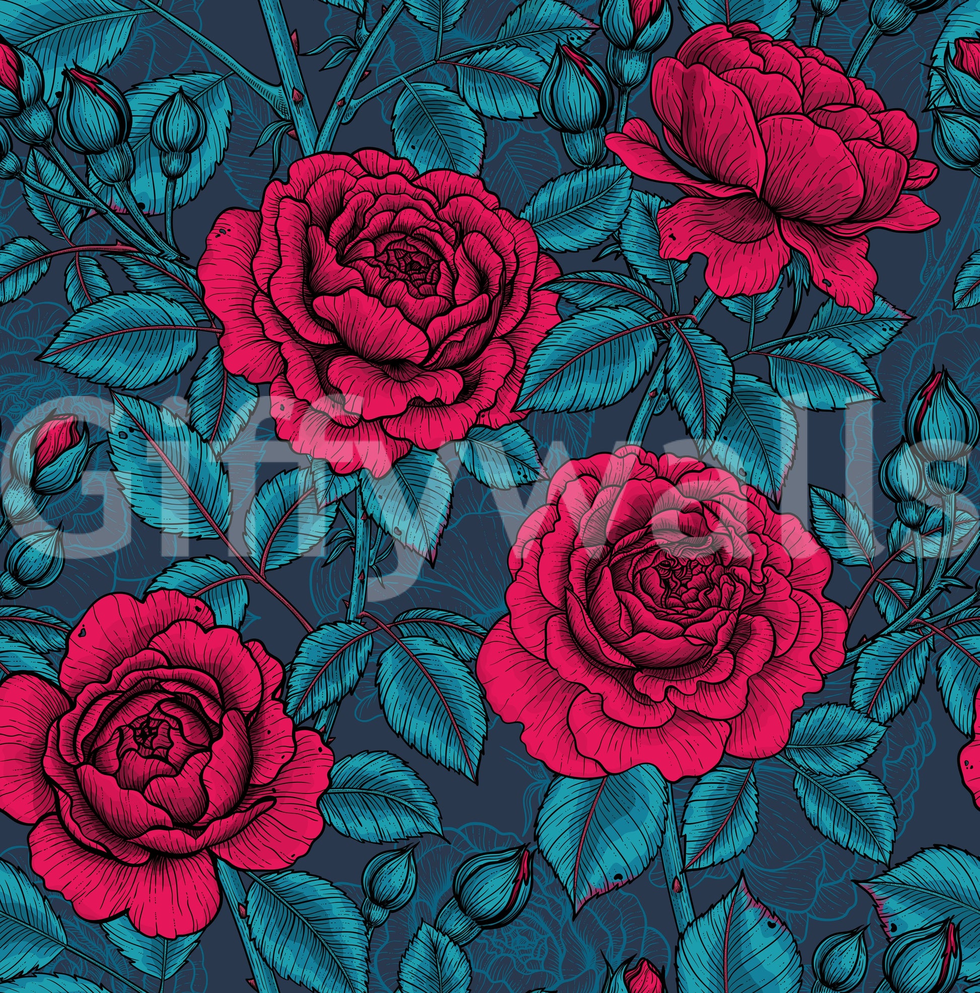 Nocturnal rose garden wallpaper with crimson blooms and teal leaves on navy., GD10399