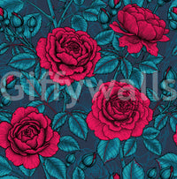 Nocturnal rose garden wallpaper with crimson blooms and teal leaves on navy., GD10399