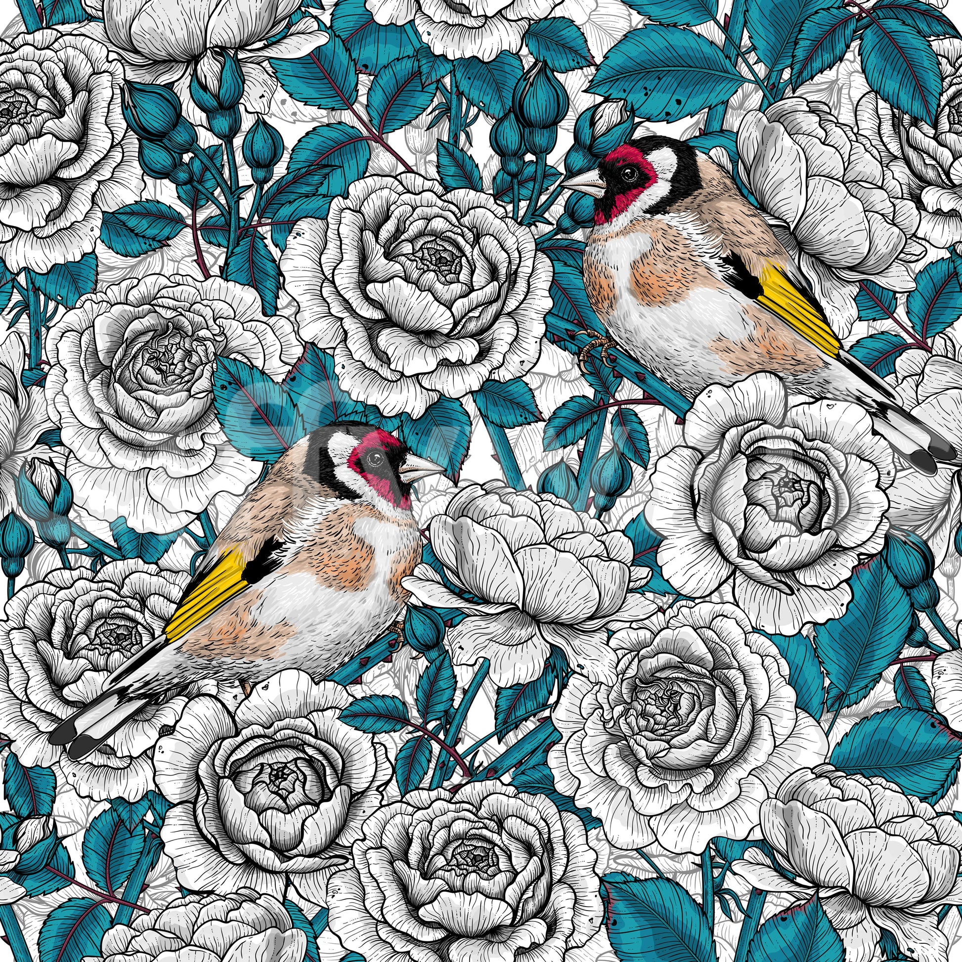 Illustrated goldfinch birds wallpaper with monochrome roses and teal botanical foliage.