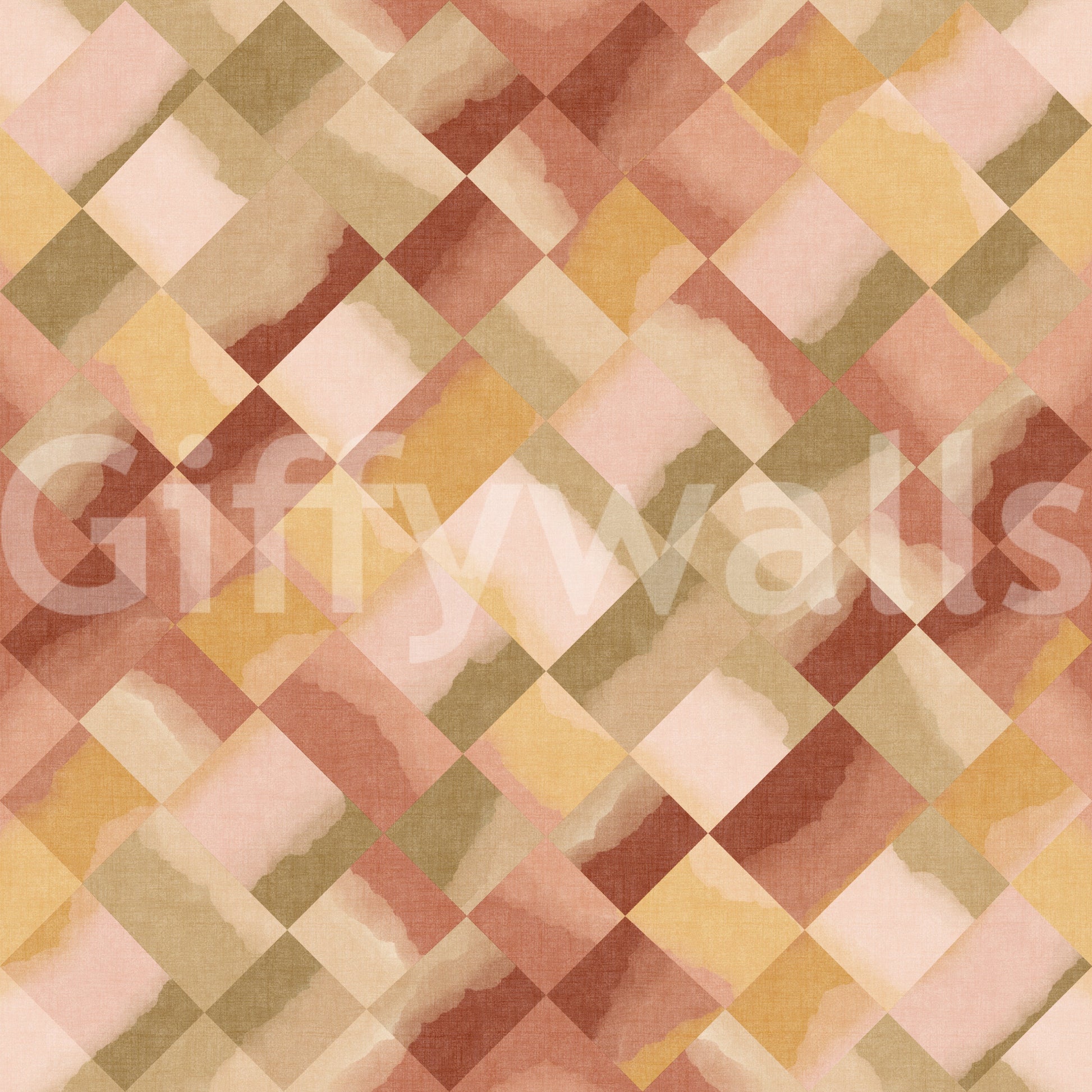 Painted diamond grid wallpaper with blended sunset rust and green colour washes., GD10408