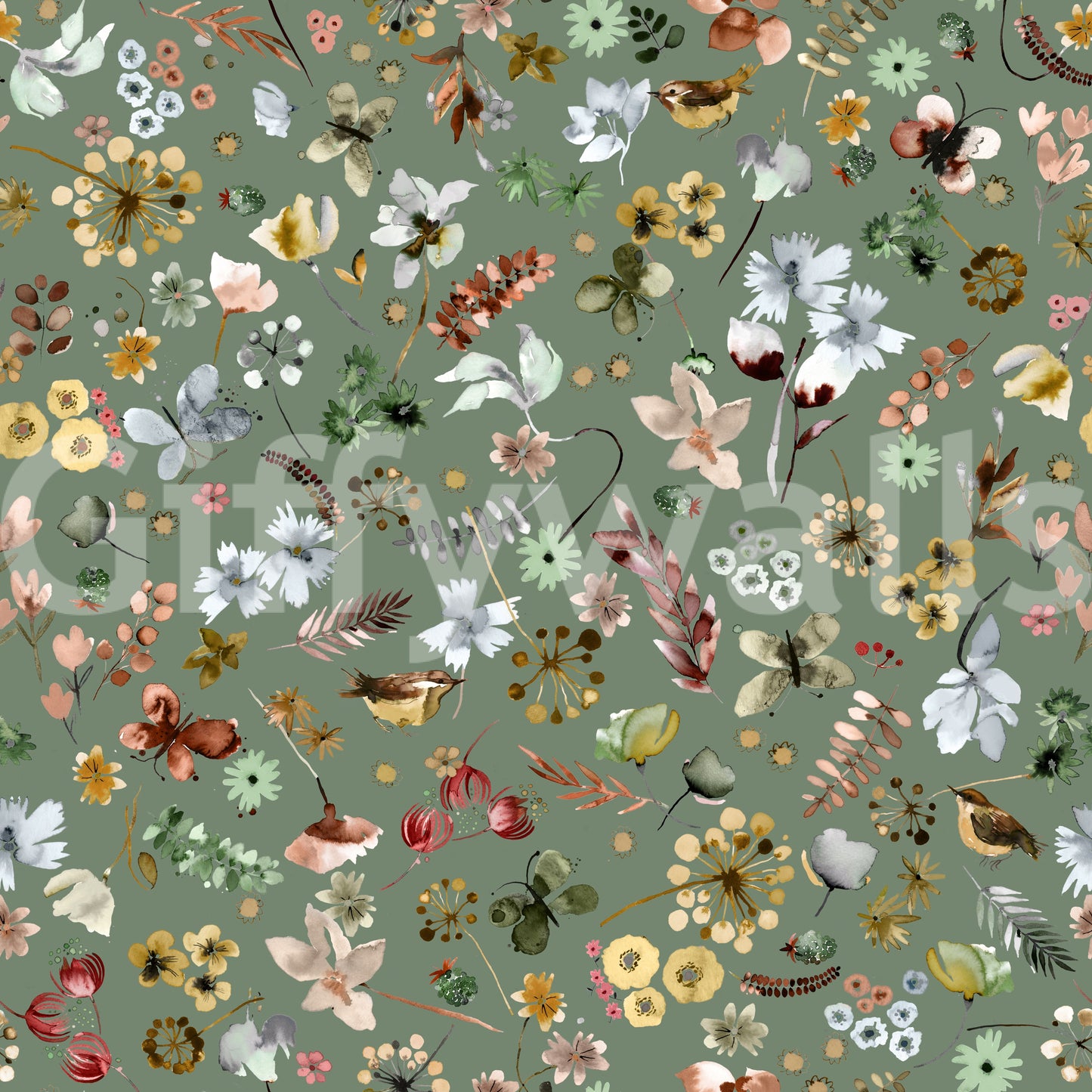 Woodland watercolor floral wallpaper with Jade green background tone. earthy, GD10416