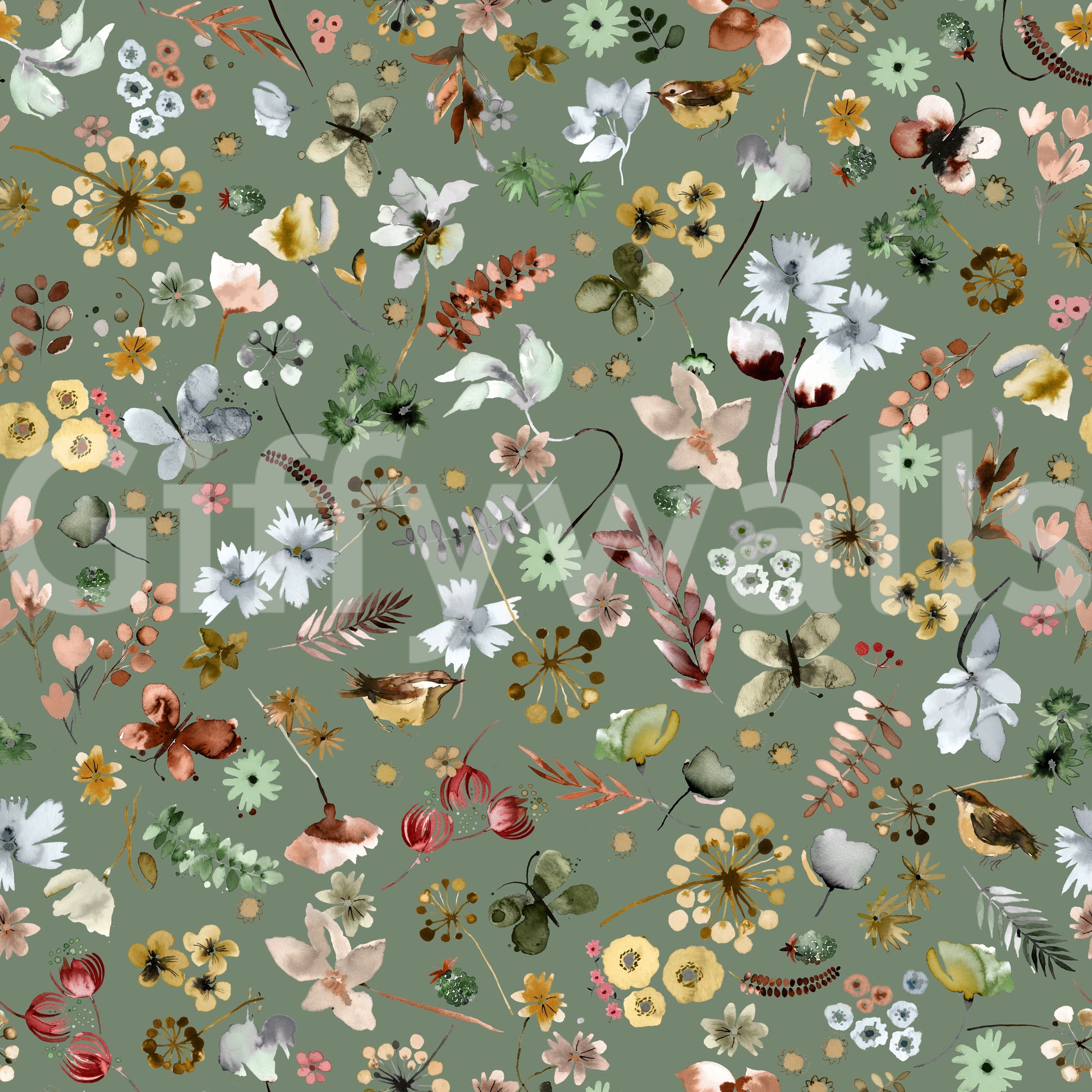 Woodland watercolor floral wallpaper with Jade green background tone. earthy, GD10416