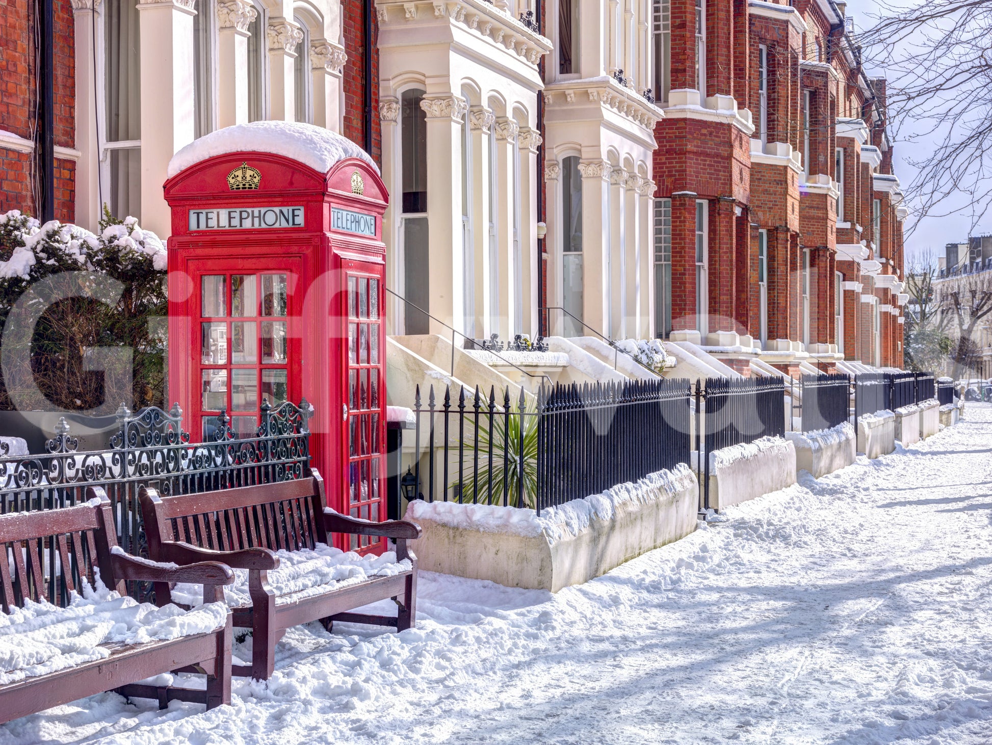 Snowy London wall mural showing red booth and white snow tones., GD10423