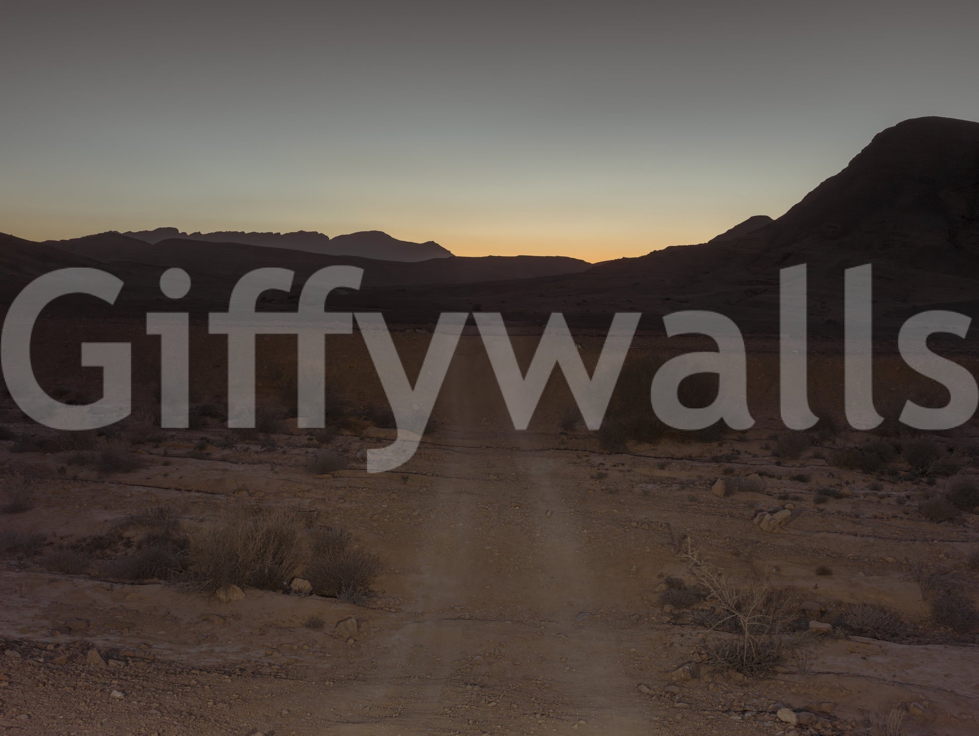 Desert Dawn Path wall mural with dirt trail leading to mountain silhouettes., GD10425