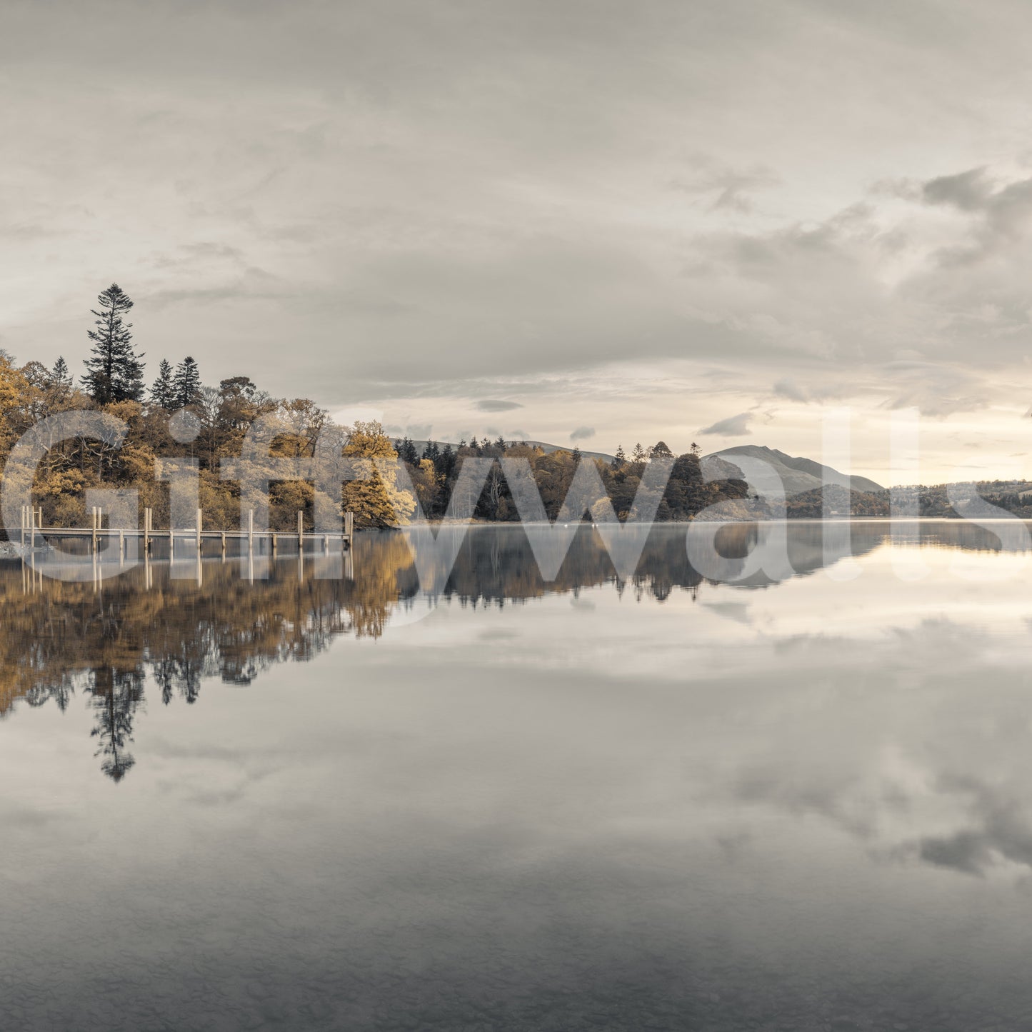 Golden lakeside tranquility wall mural with grey and amber tones., GD10432