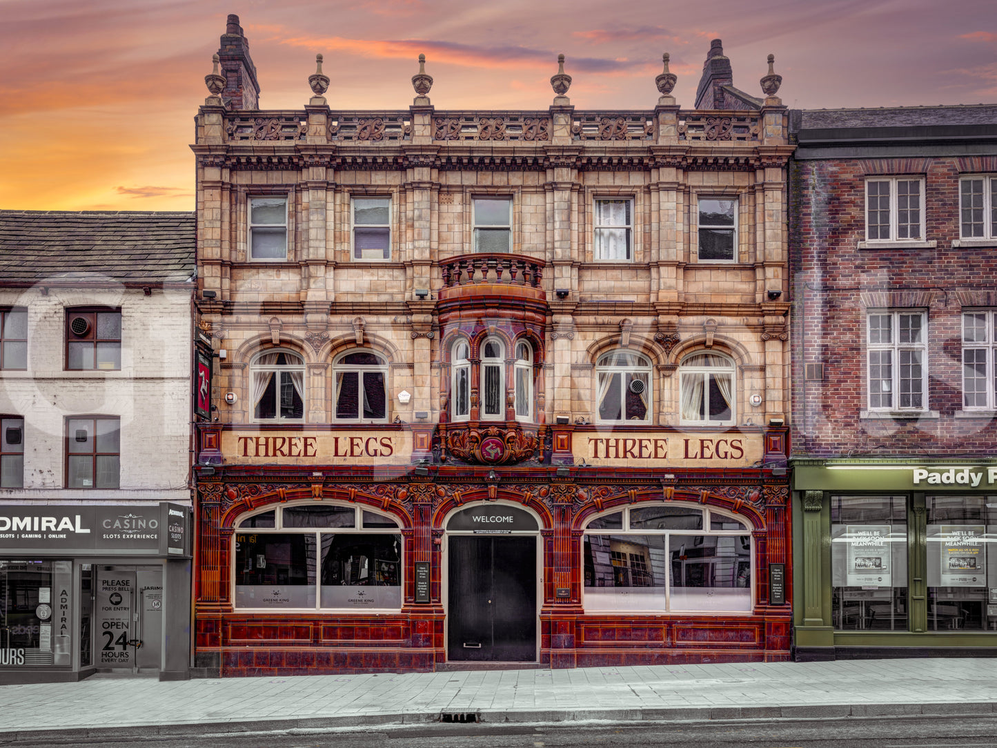 Three Legs wall mural showing Victorian facade architecture., GD10448