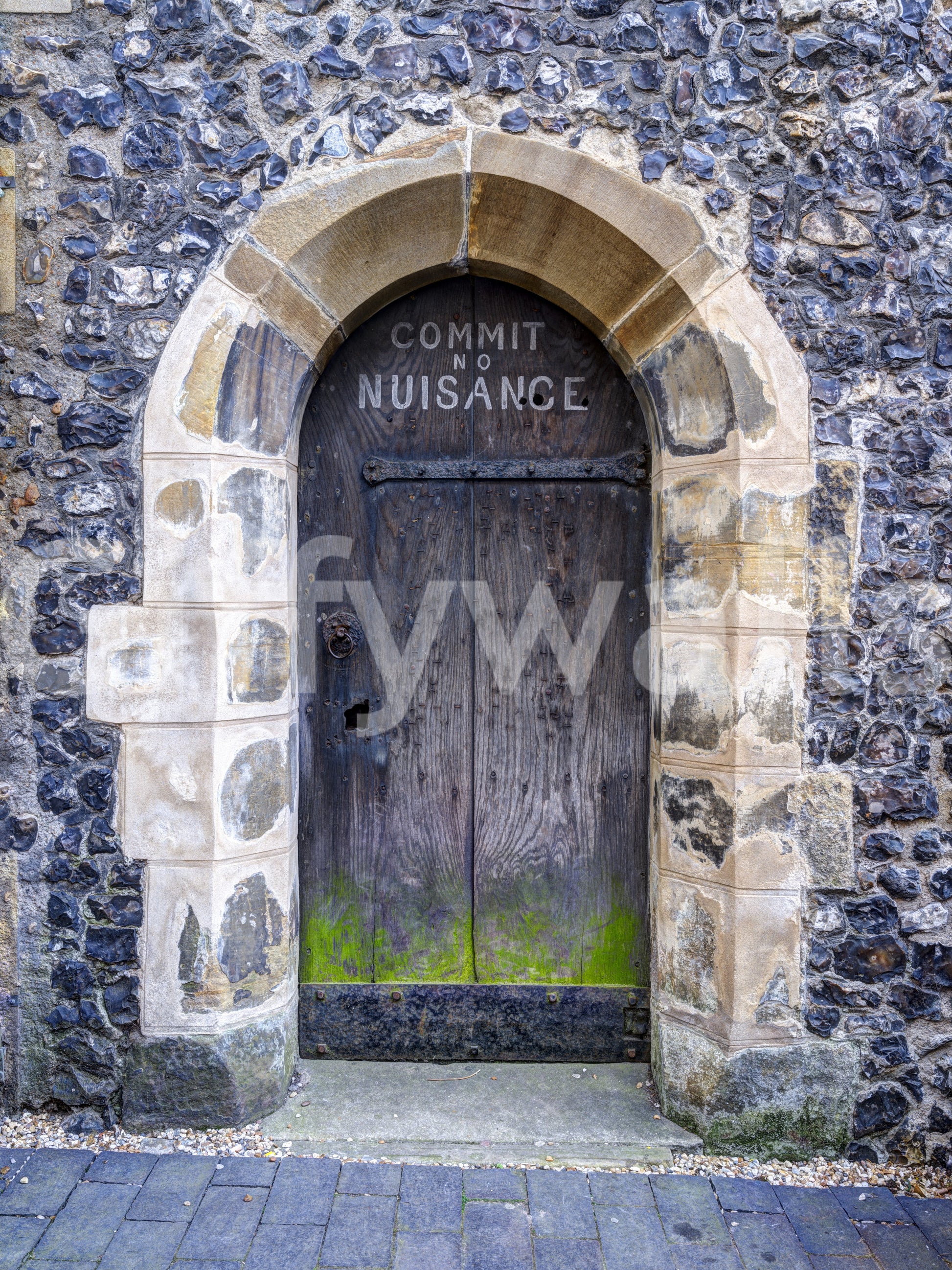 Arched entry wall mural pattern with flint stone and wooden door tones., GD10450