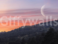 Crescent moon landscape wall mural in lavender and green hues.