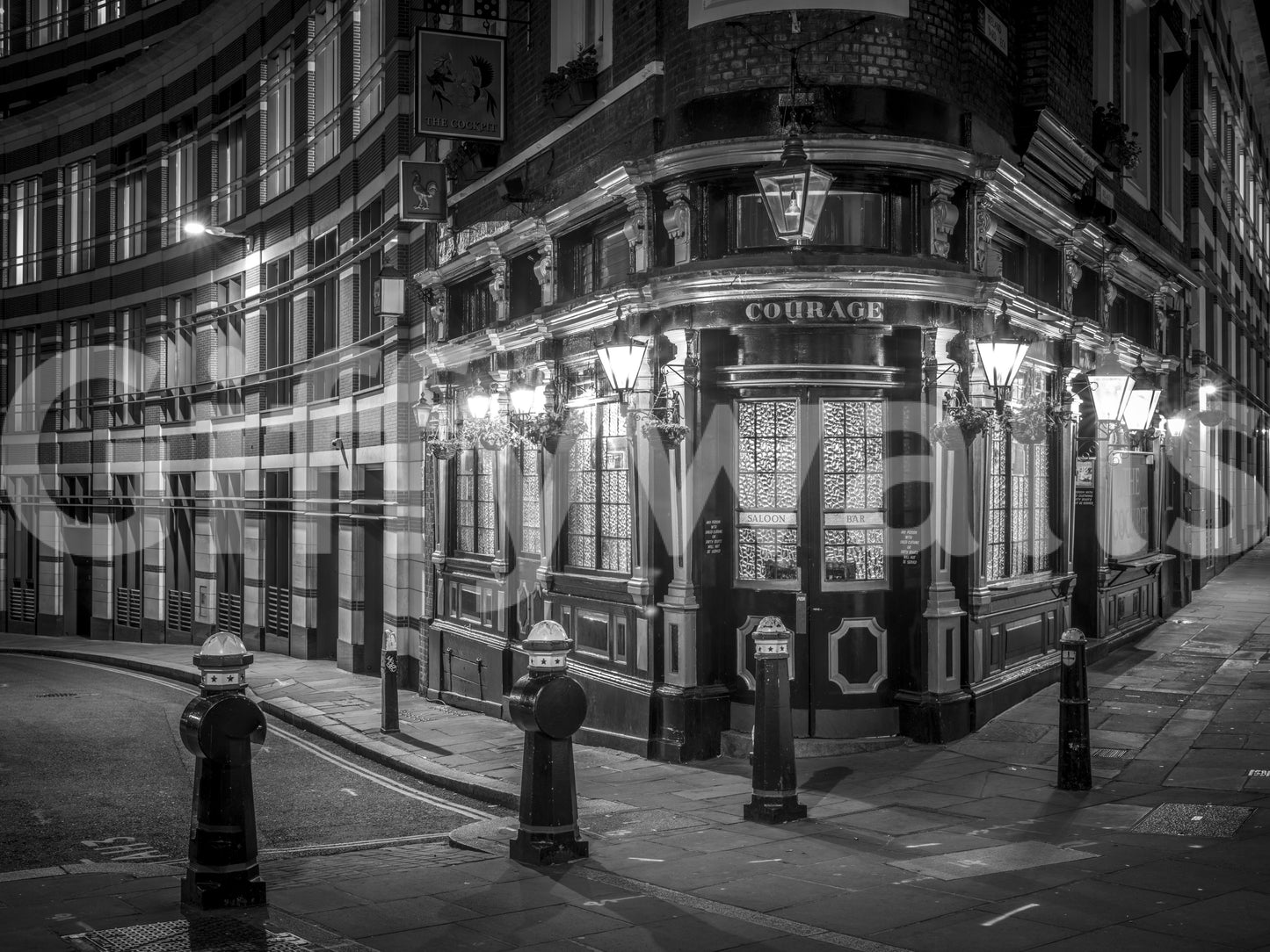 London's Corner Glow wall mural showing monochrome Victorian pub facade., GD10467