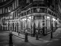 London's Corner Glow wall mural showing monochrome Victorian pub facade., GD10467
