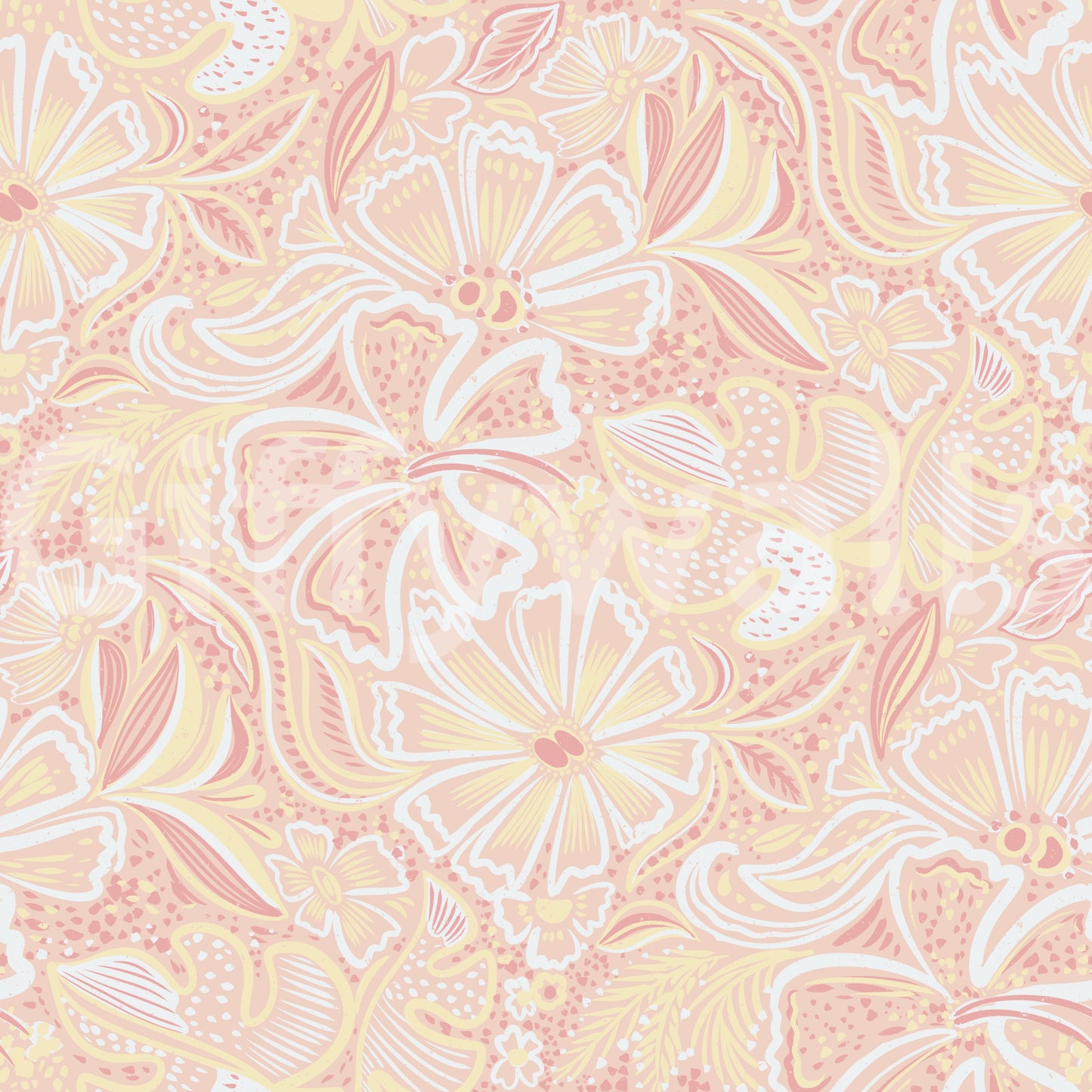 Floral bloom wallpaper with Coral pink and white outlined botanical pattern., GD10538