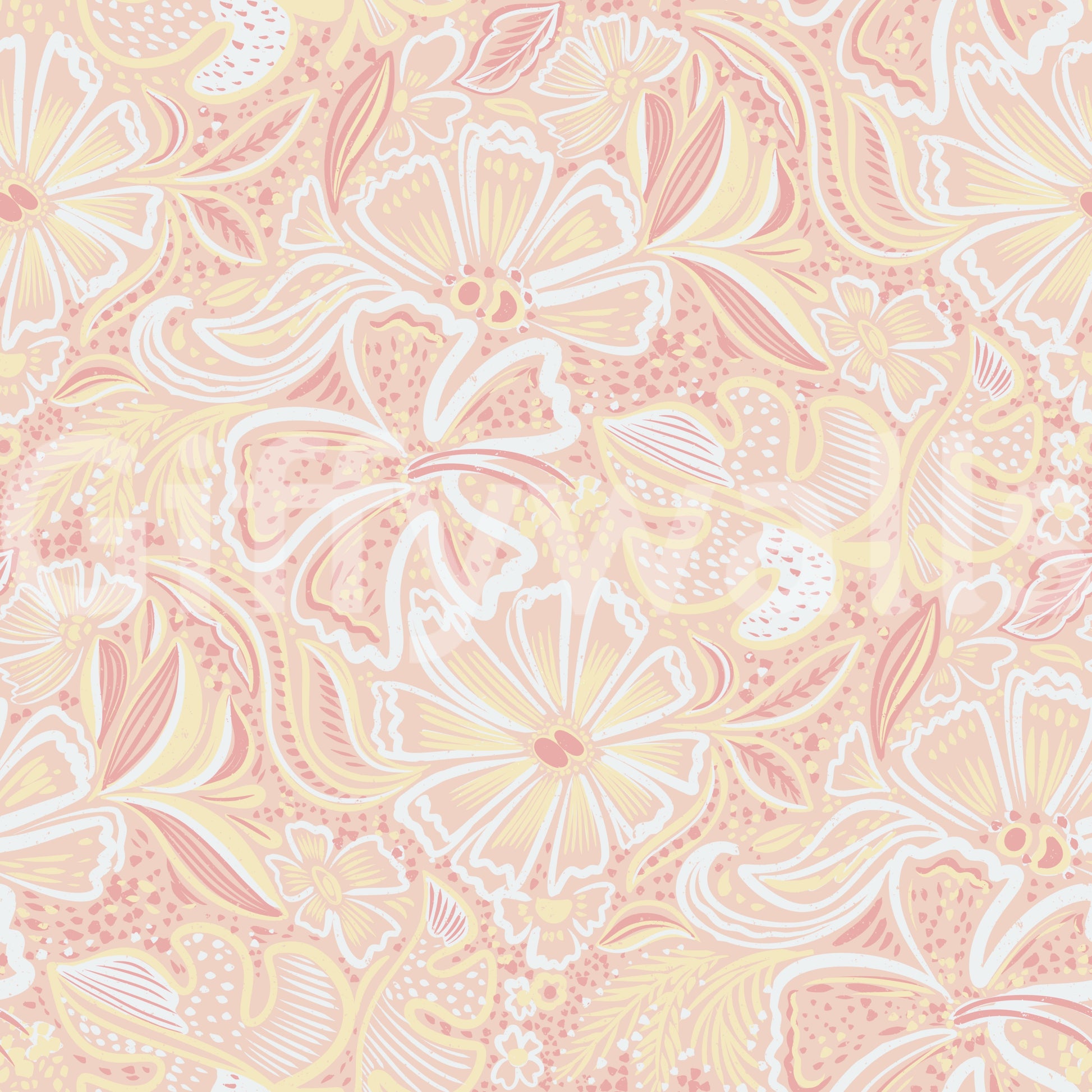 Floral bloom wallpaper with Coral pink and white outlined botanical pattern., GD10538