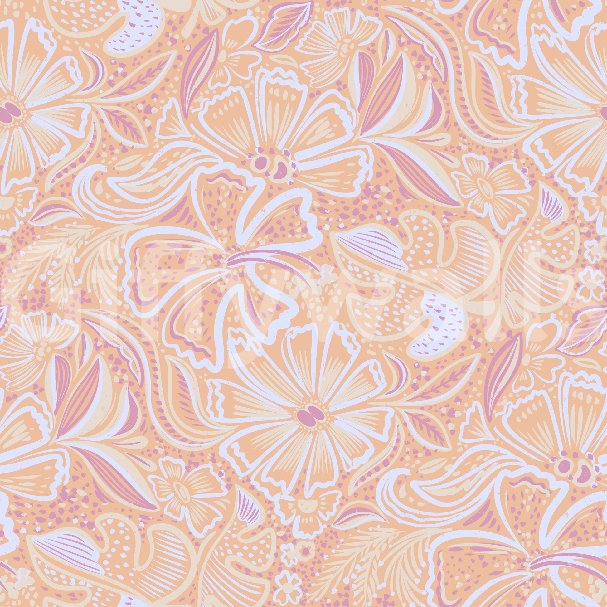 Peach floral swirl wallpaper in apricot and lavender tones., GD10539