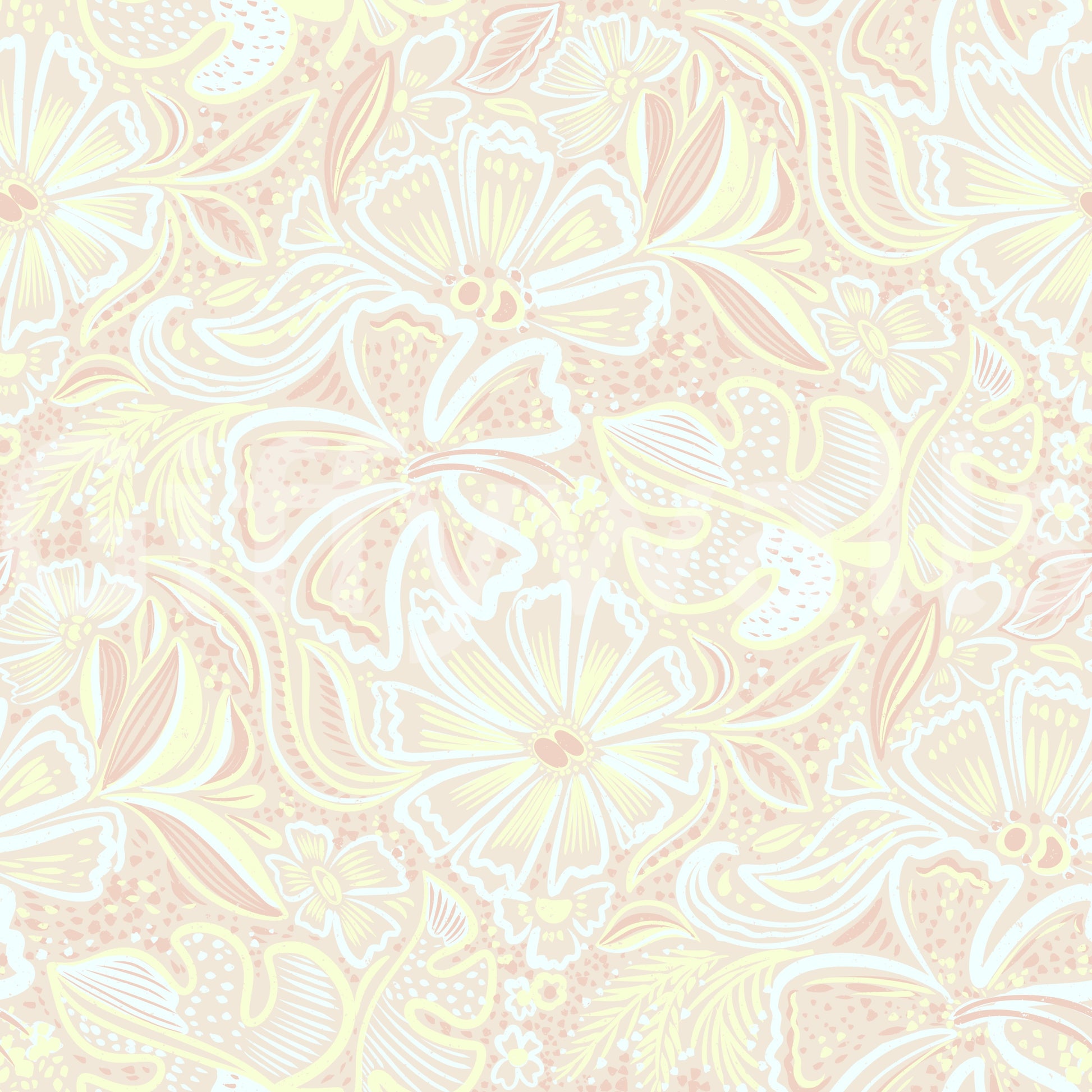Whimsical floral texture wallpaper with soft rose and cream tones., GD10540