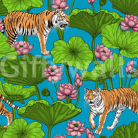 Tiger and lotus pond pattern wallpaper in teal and green tones., GD10541