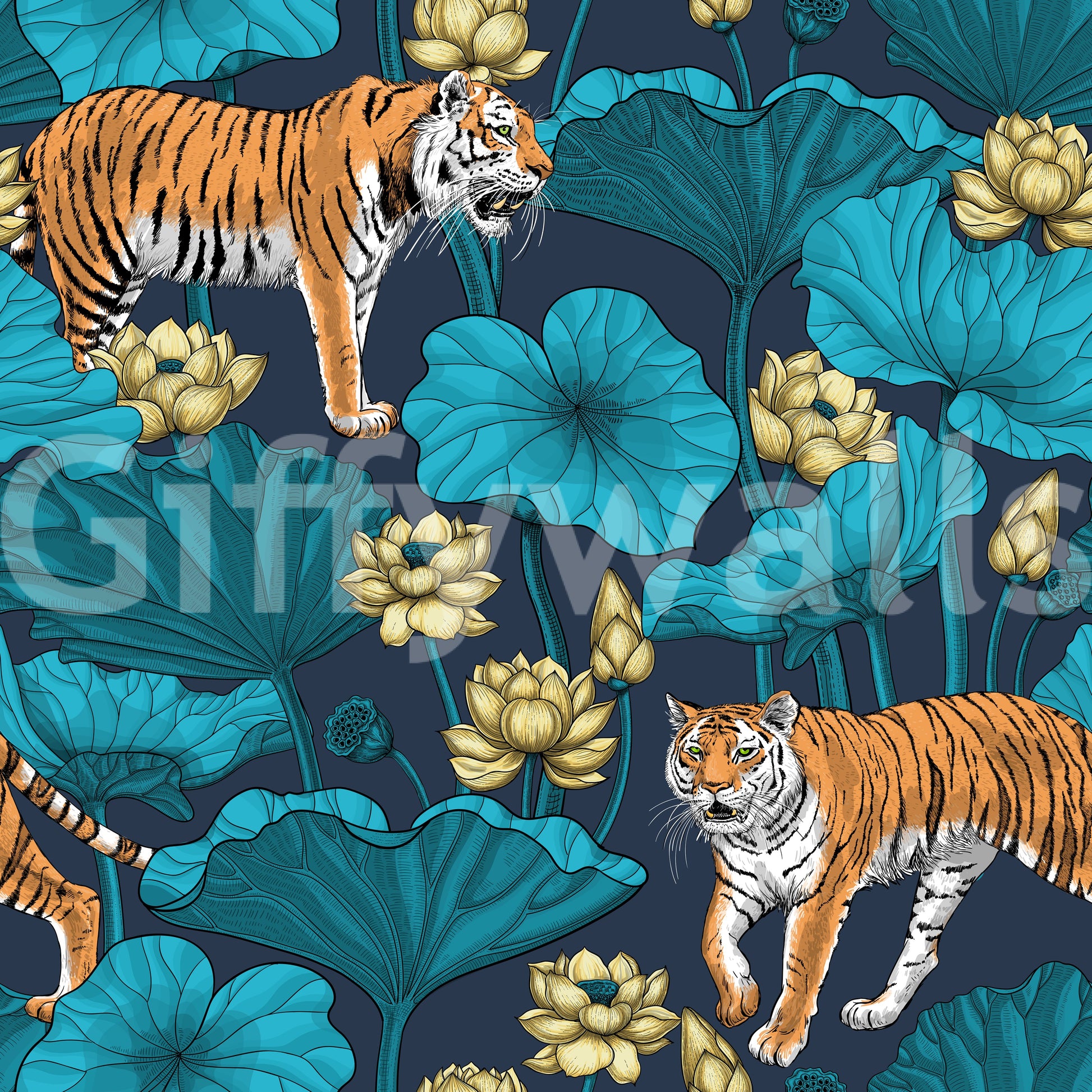 Tiger and lotus pond wallpaper pattern in navy blue and gold colors.