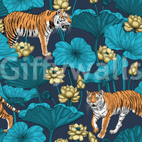 Tiger and lotus pond wallpaper pattern in navy blue and gold colors.