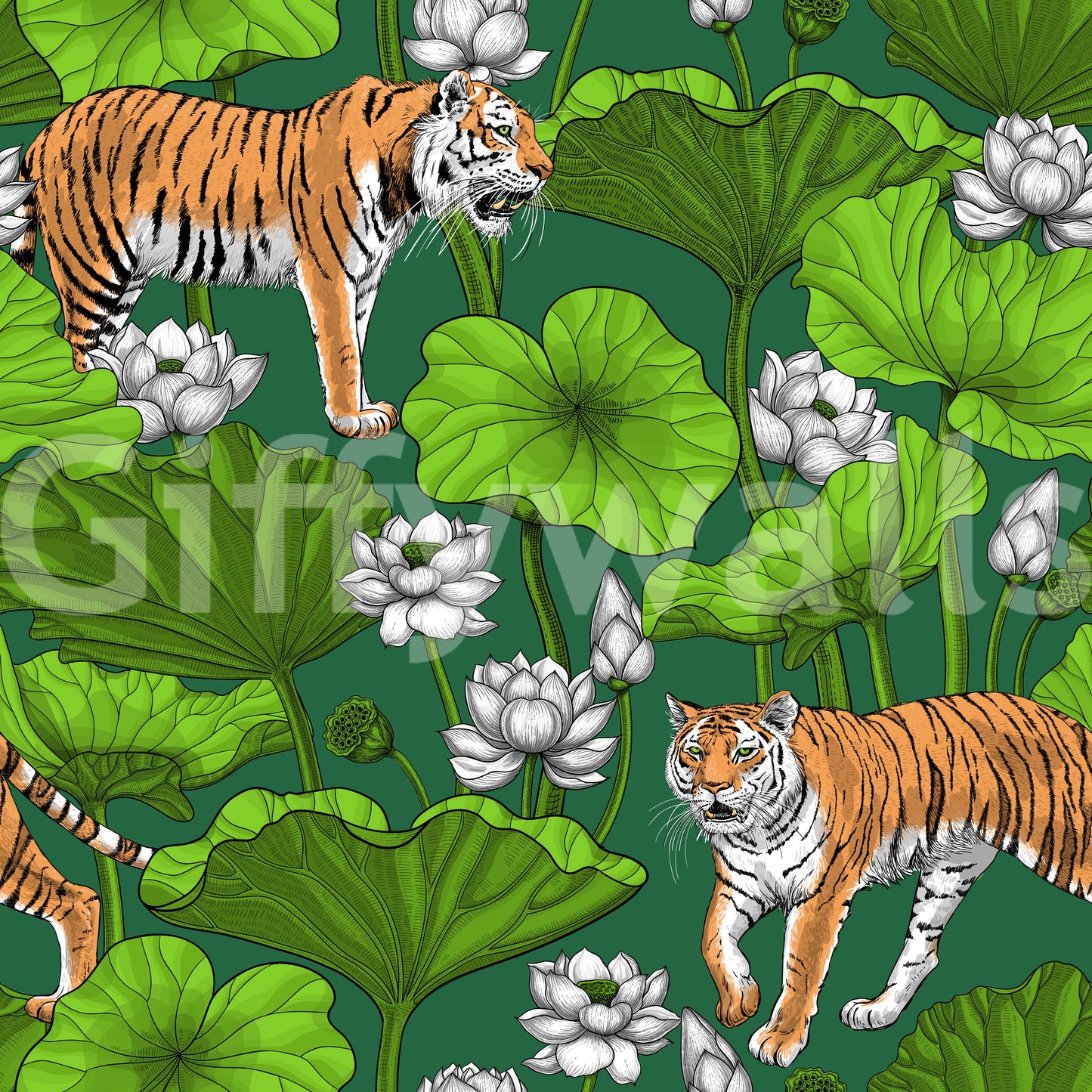 Tropical tiger wallpaper with green leaves and orange stripes texture., GD10543