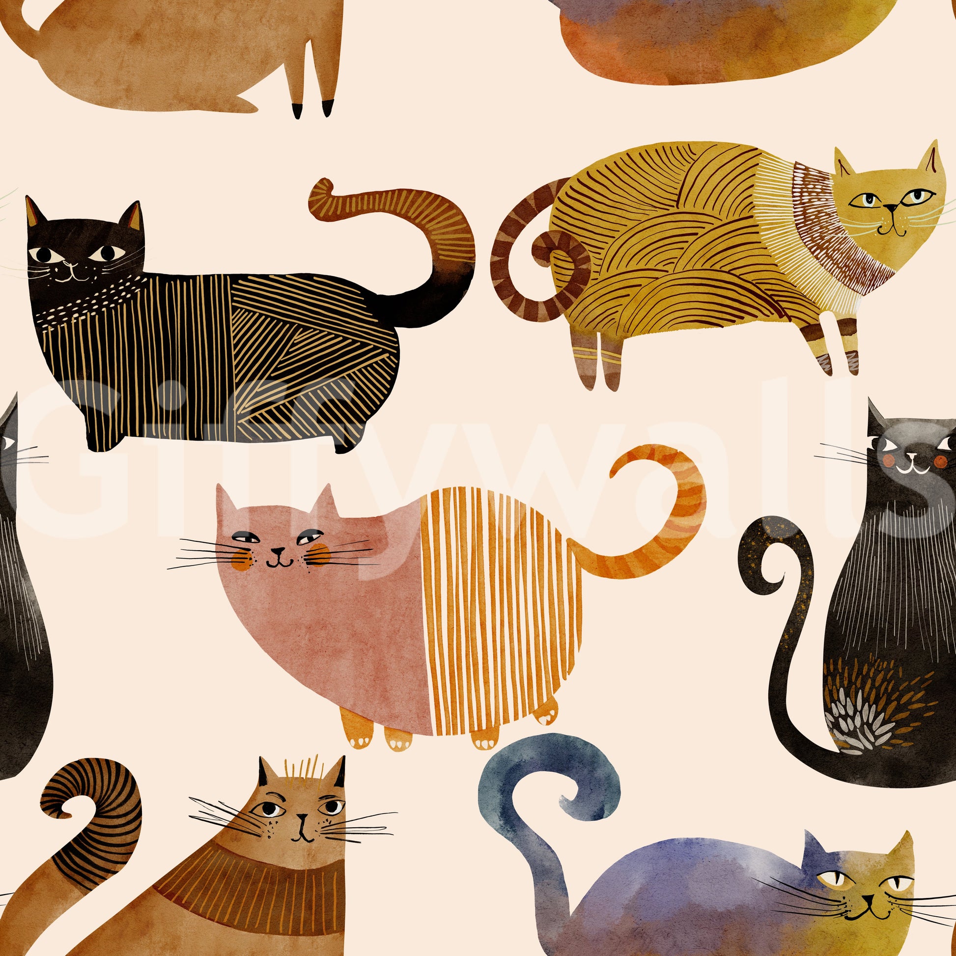 Repeating feline wallpaper in earthy ochre, black and blush pink tones., GD10544