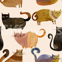 Repeating feline wallpaper in earthy ochre, black and blush pink tones., GD10544