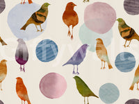 Bird wallpaper pattern with watercolour songbirds in rust and purple tones., GD10546