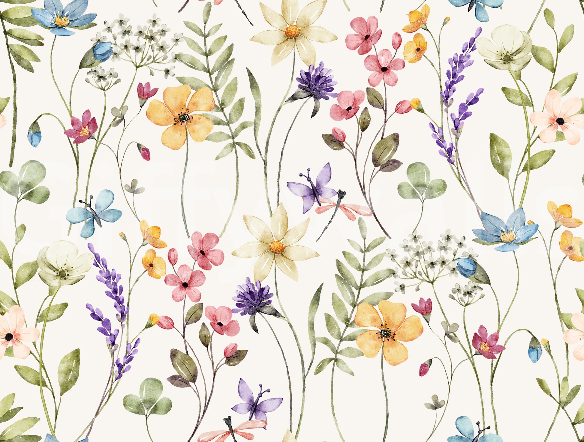 Meadow floral wallpaper in soft pastel tones on cream background., GD10547