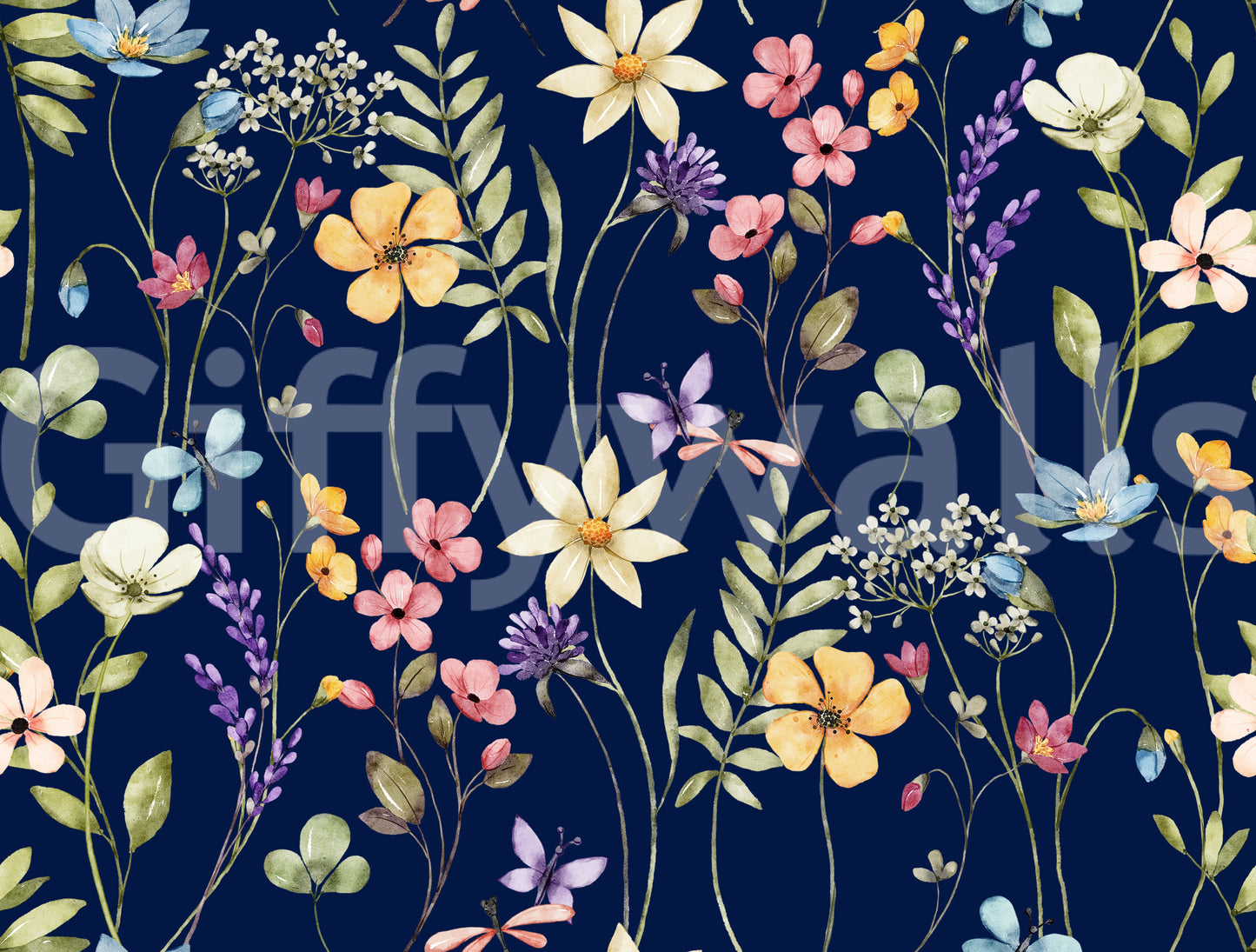 Dark floral wallpaper with watercolour wildflowers on midnight navy., GD10548