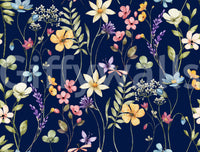 Dark floral wallpaper with watercolour wildflowers on midnight navy., GD10548