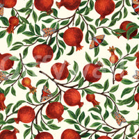Wallpaper showing red pomegranate and butterfly repeat pattern.