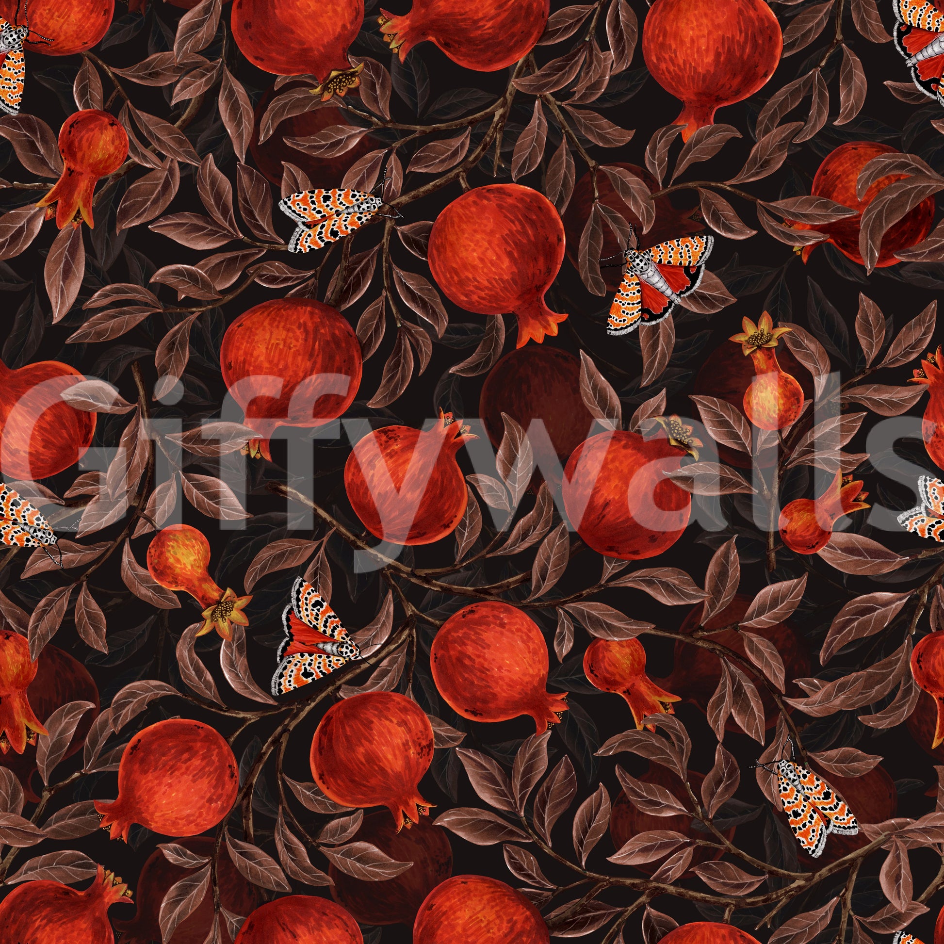 Dark botanical pomegranate wallpaper with brown leaves.