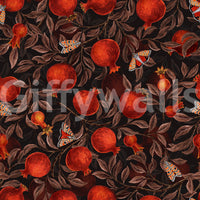 Dark botanical pomegranate wallpaper with brown leaves.