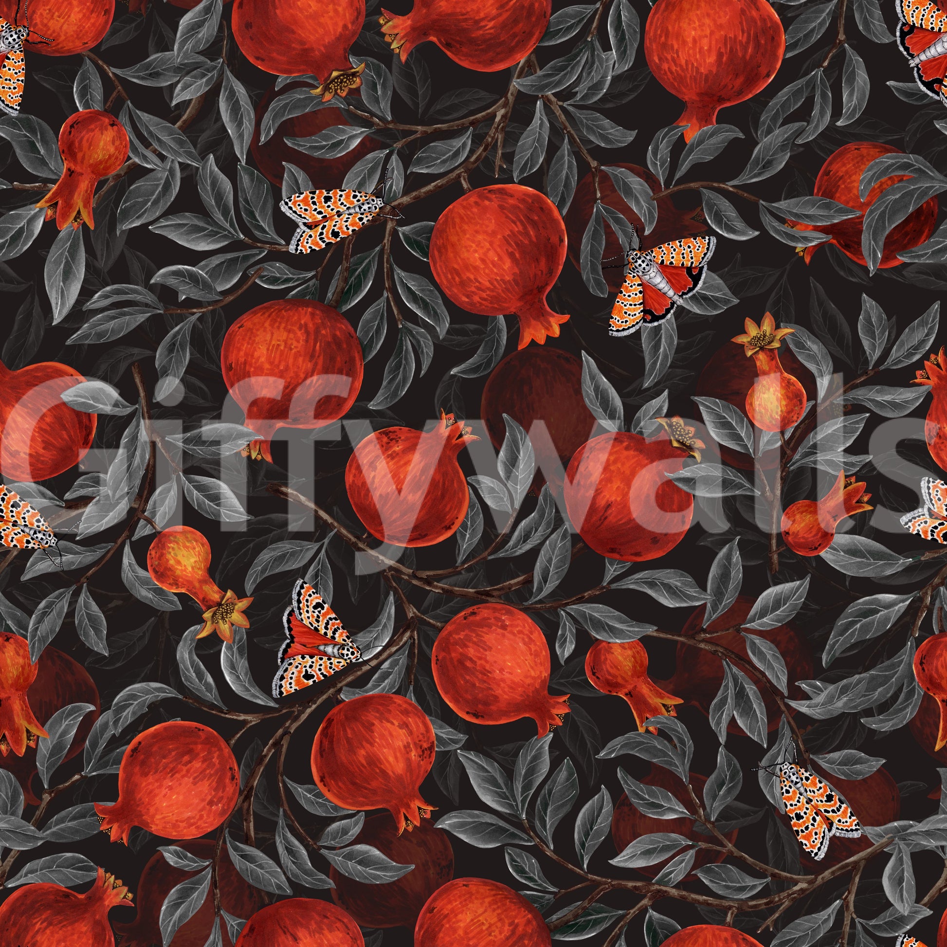 Wallpaper showing crimson pomegranate and moth pattern  on black.