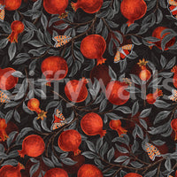Wallpaper showing crimson pomegranate and moth pattern  on black.