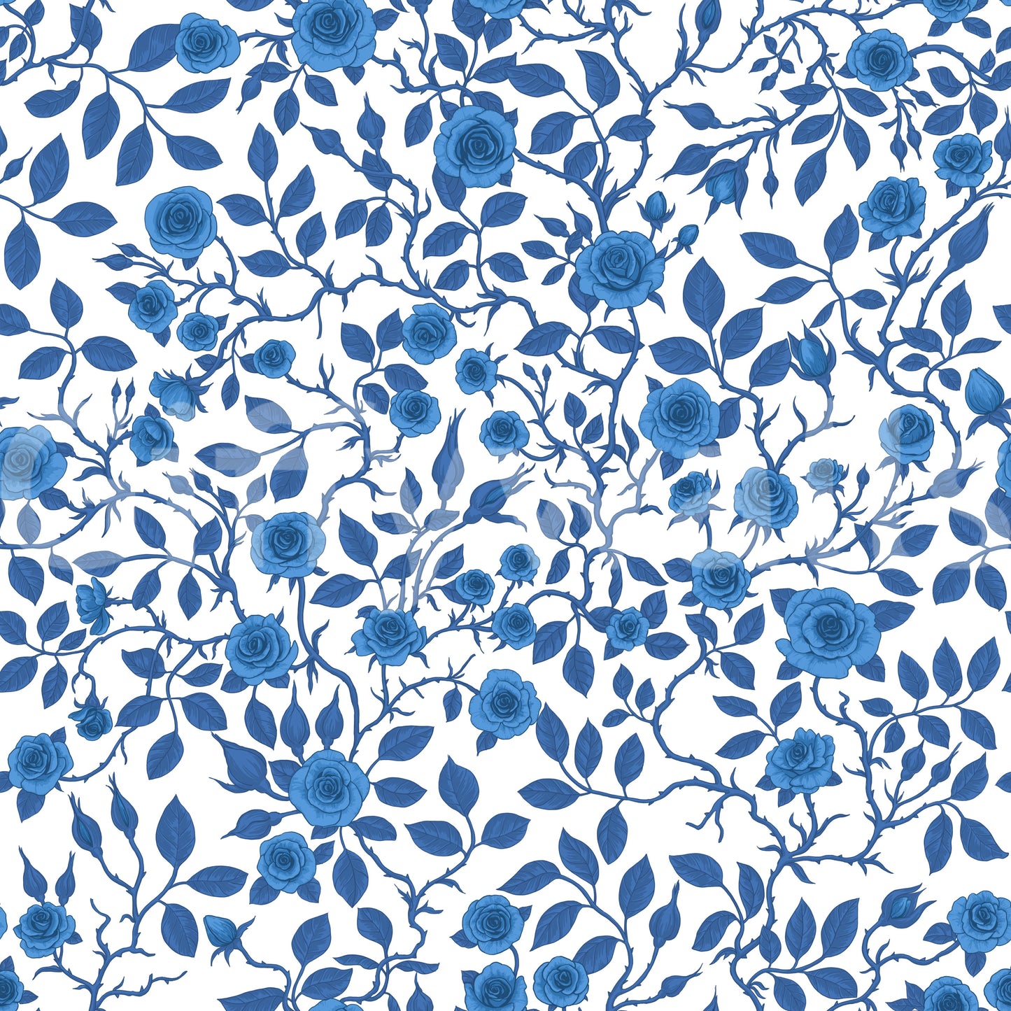 Blue rose wallpaper with thorny vines and leaves on white background.