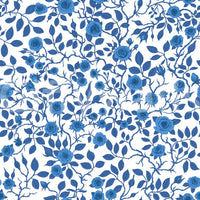 Blue rose wallpaper with thorny vines and leaves on white background.