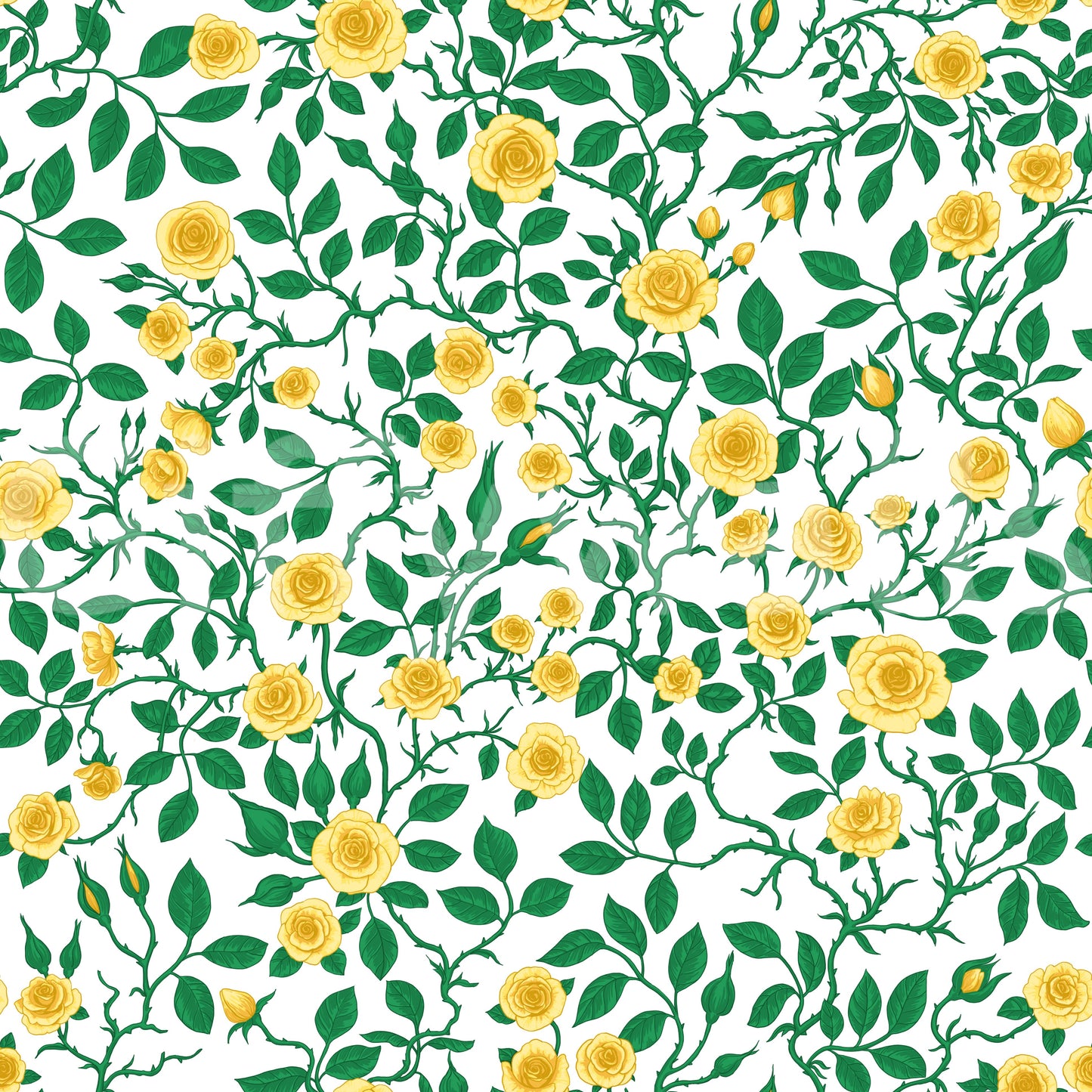 Floral trellis pattern wallpaper with yellow roses and thorny green vines.