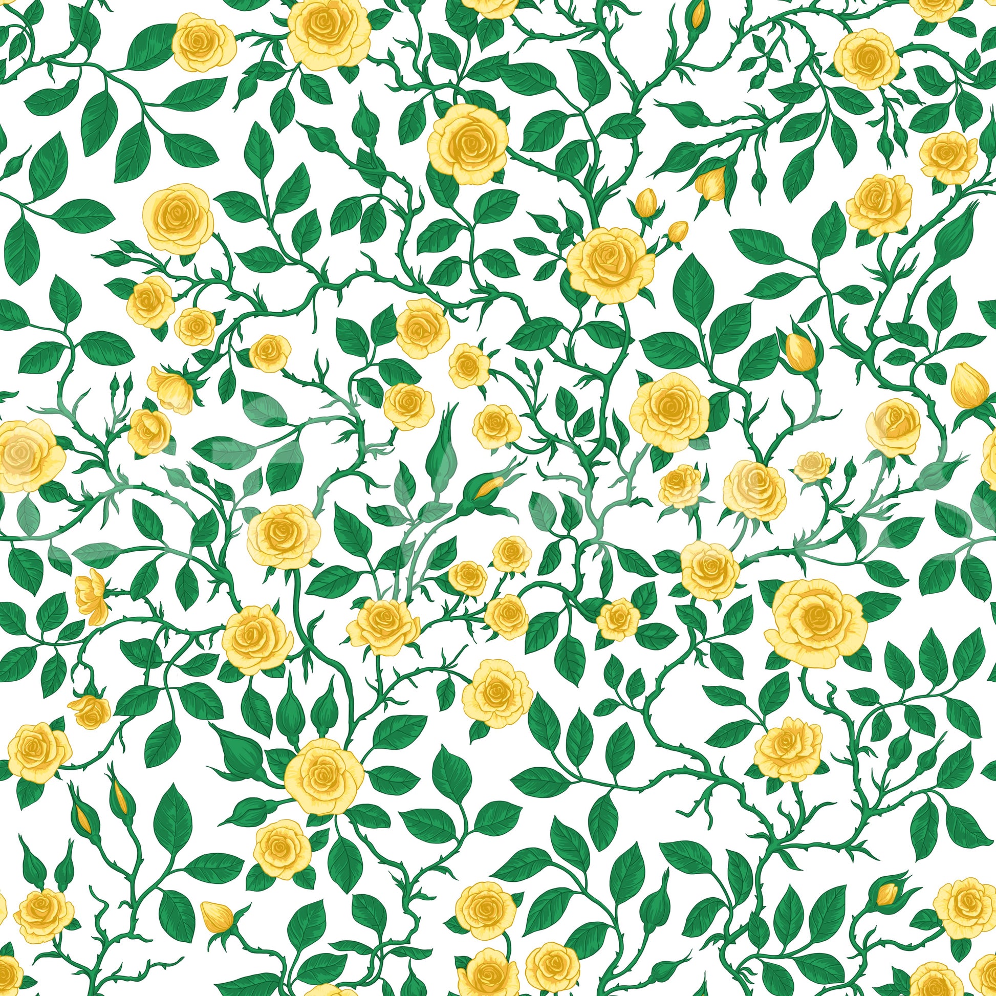 Floral trellis pattern wallpaper with yellow roses and thorny green vines.