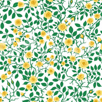 Floral trellis pattern wallpaper with yellow roses and thorny green vines.
