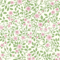 Pink rose wallpaper with soft blooms and sage green leaves on cream background.