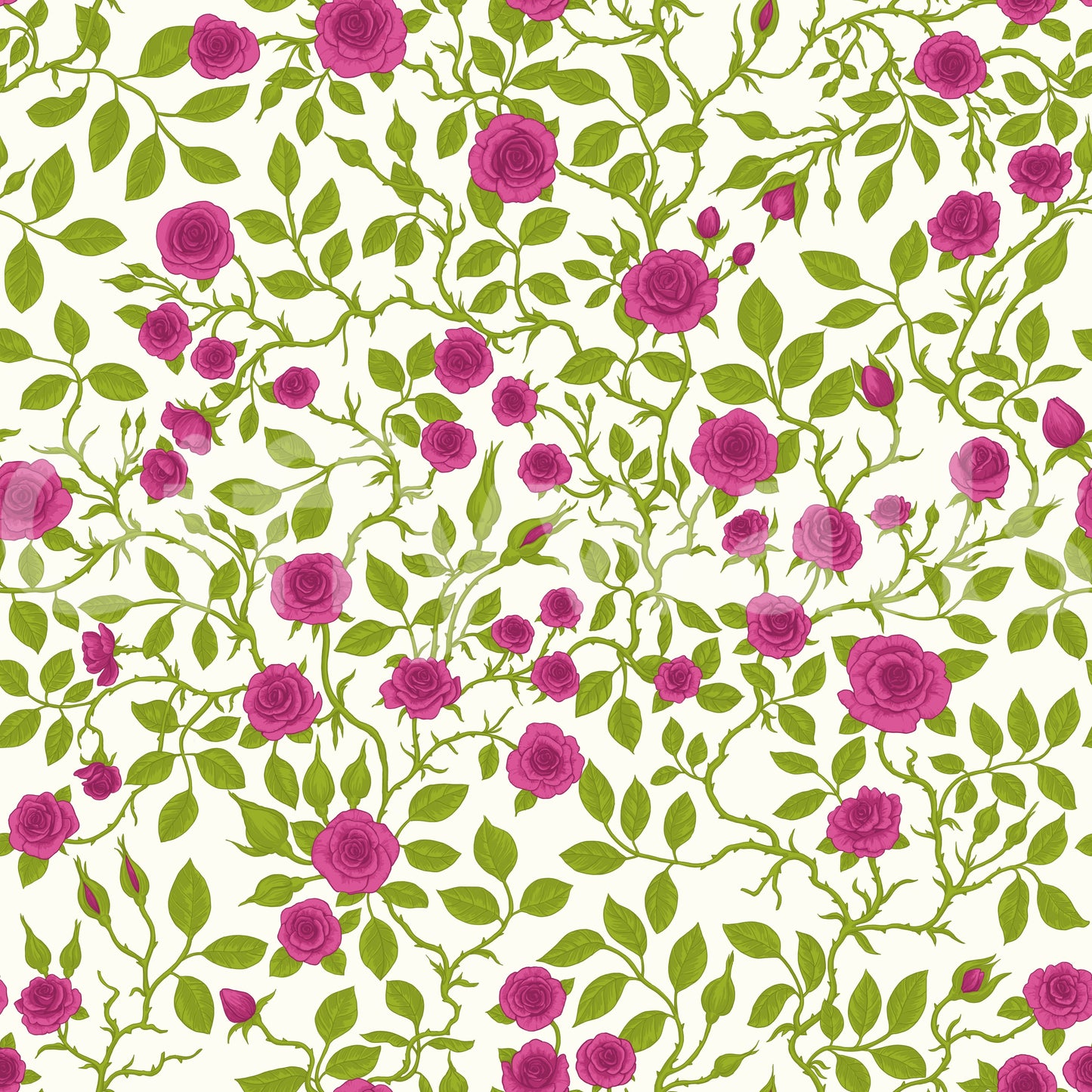 Floral trellis pattern wallpaper with deep pink roses and bright green vines.