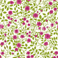 Floral trellis pattern wallpaper with deep pink roses and bright green vines.